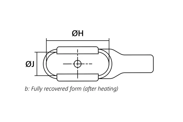 Technical drawing showing the fully recovered top view of a 90° heat shrink connector cover